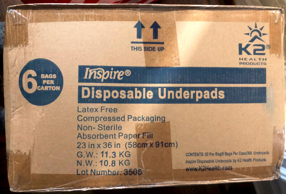 K2 HeaIth Inspire Disposable underpads 24×30” 6 Bags 50 Pads Each. SEALED BOX