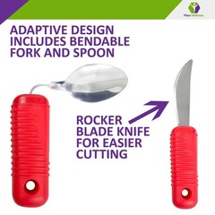 NEW 3 Piece Easy Grip Red Flatware Set, Bendable Built Up Fork, Knife, and Spoon
