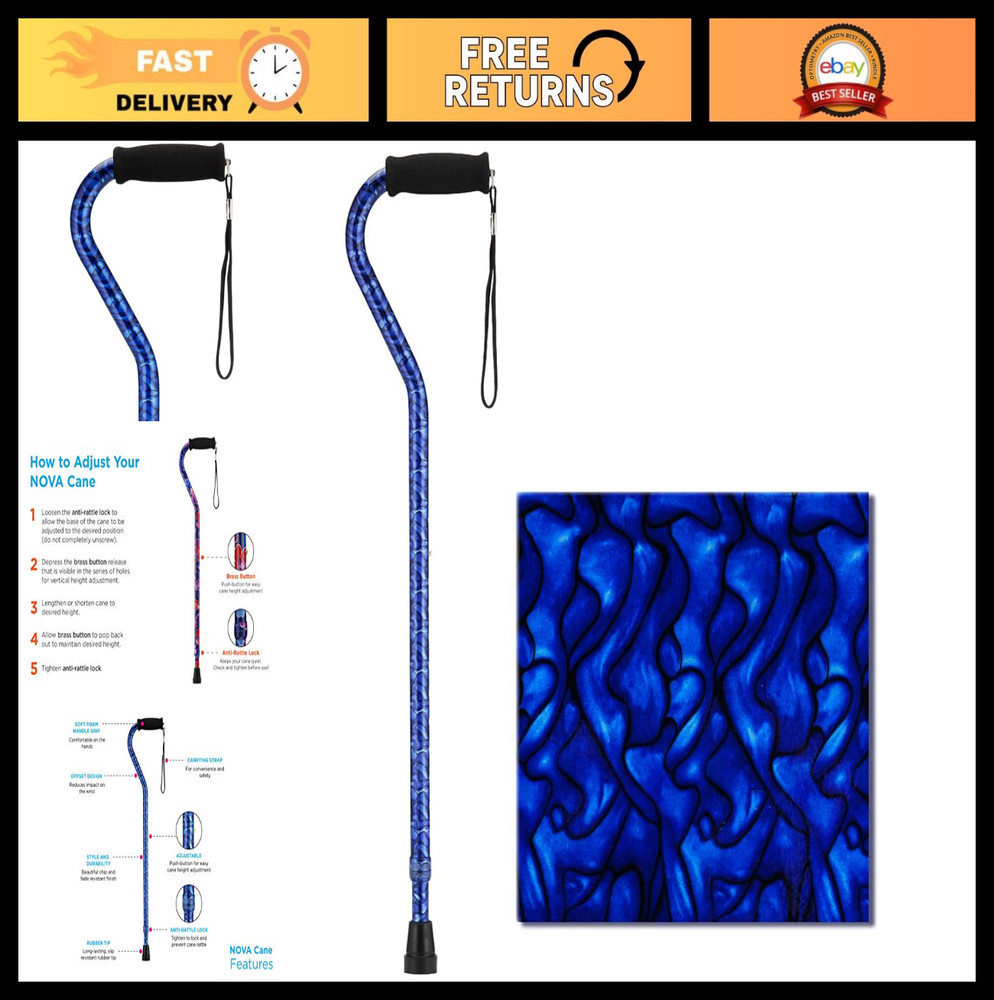 Lightweight Adjustable Walking Cane, Offset Handle, Carrying Strap, Blue Waves D