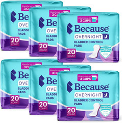 Because Overnight Incontinence Pads for 120 Count (6 Packs of 20) New Version