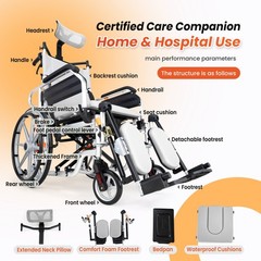 3 in 1 Commode Shower Chair with Wheels+Wheelchair Tray+Footrest,180° Reclining
