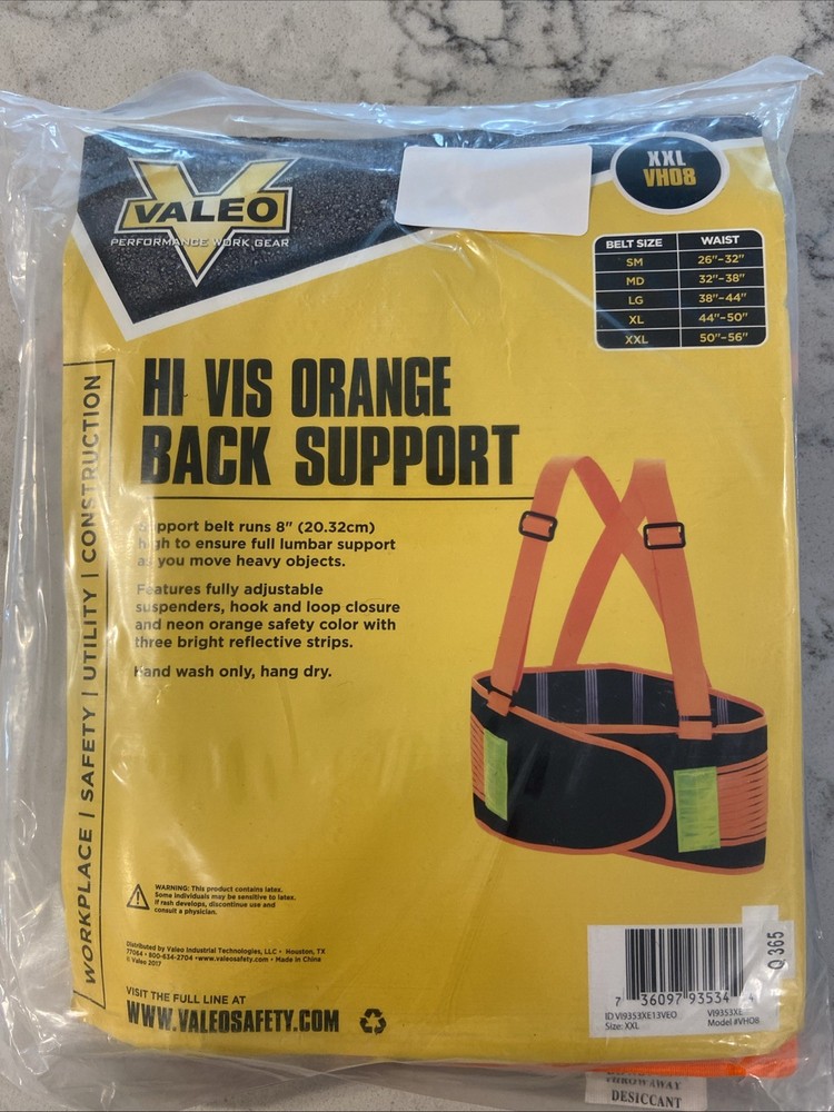NEW IN PACKAGE ~ VALEO HI VIS ORANGE BACK SUPPORT SIZE XXL 50″-56″ VH08