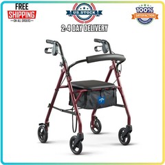 Medline Steel Rollator Walker with Seat, Foldable, Burgundy