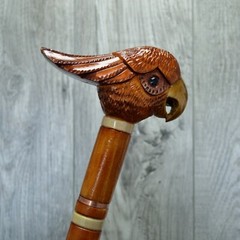 Cane Walking Stick Wooden carved Handmade – Parrot Cockatoo Red