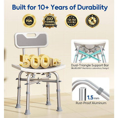 16.5 In. W Adjustable Height Aluminum Shower Chair in Gray for Elderly and Disab