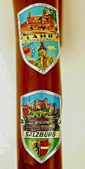 WOOD CANE WITH ELEVEN (11 ) HAND PAINTED ENAMEL METAL BADGE’S (GERMANY )