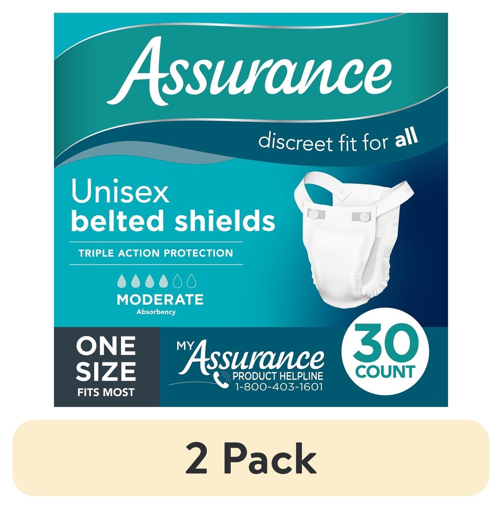 Assurance Unisex Belted Shields (2 Pack) – Moderate Absorbency, 30ct