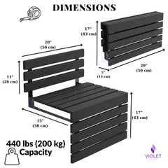 20″ Wide Large Black Teak Wood Folding Shower Seat Backrest Wall Mount Handmade