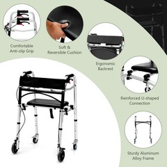 2-Button Folding Walker Height Adjustable Walking Aid with Seat 4 Wheels Brakes