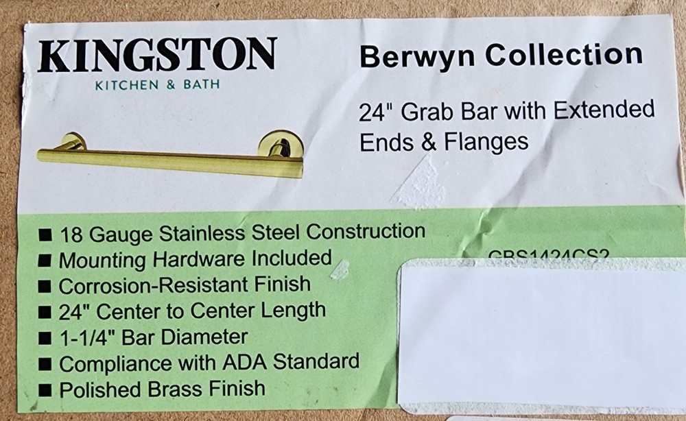 Kingston Brass GBS1424CS2 Berwyn 24-inch x 1-1/4-inch OD Safety Grab Bar, Brass
