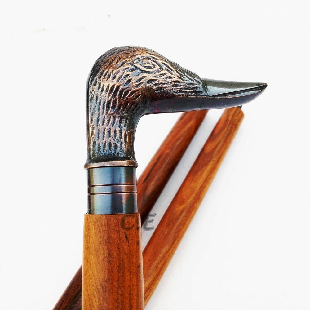Brass Duck Head Handle Antique Designer Wooden Vintage Walking Cane Style Stick