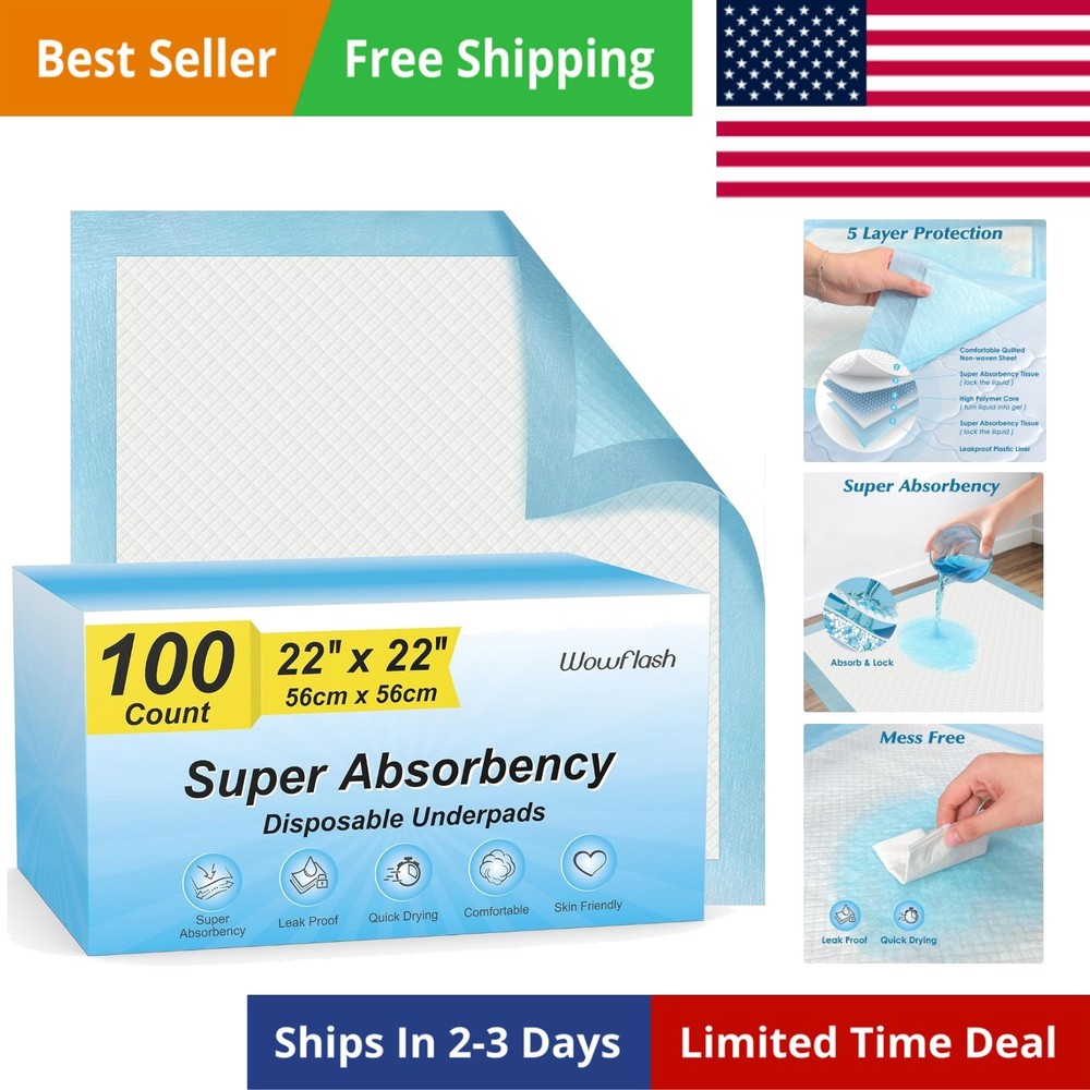 100 Count 22” x 22” Super Absorbency Disposable Underpads, Leakproof Quick Dr…