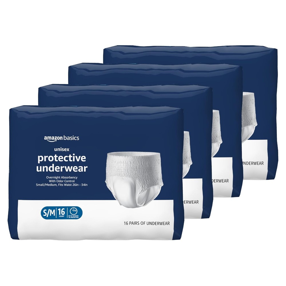 Amazon Basics Unisex Protective Underwear, Overnight Absorbency, S/M, 64 Count