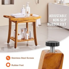 300lb Teak Shower Bench 22×14.4×18.5in, Waterproof Wood, Shelf, Non-Slip Feet