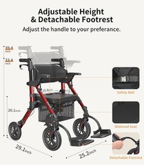 Used 2-in-1 Rollator & Transport Chair – Lightweight Foldable – Red