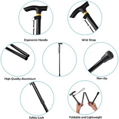 Comfkey Folding Lightweight Walking Stick – Adjustable Aluminum 33-37″, Black