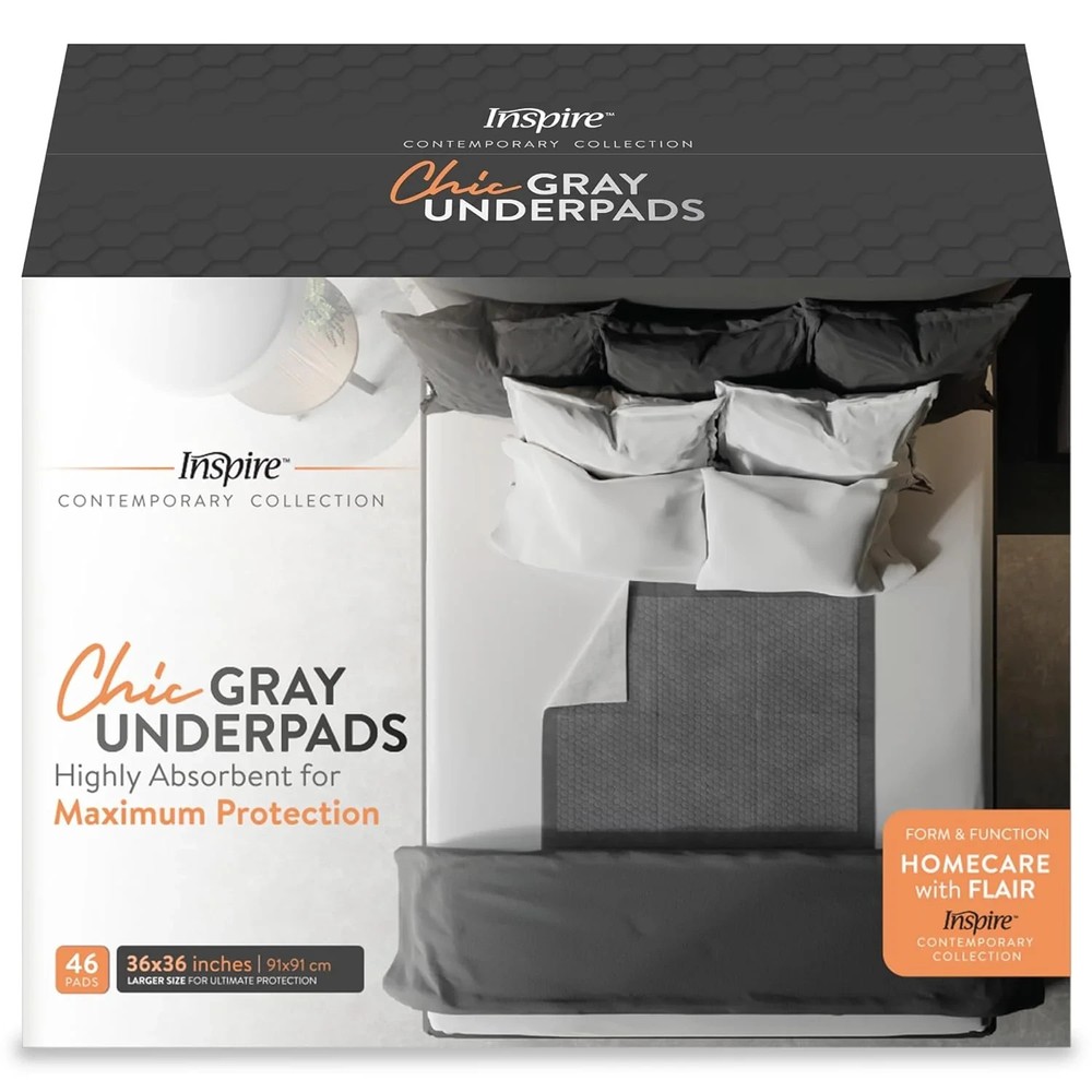 Inspire Ultra Underpads Incontinence Bed Chux Pads Chic Gray 36×36″ (Pack of 46)