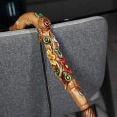 Flower field Elegant Light Wood Hand and Hand Painted Carved Walking Stick