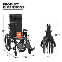 [FDA APPROVED]Folding Reclining Medical Transport Wheelchair w/Removable Armrest
