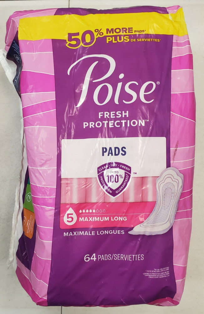 64 Count: Poise Women’s Incontinence Pads *#5 Max Absorbency Long* (B1P6a-1034)
