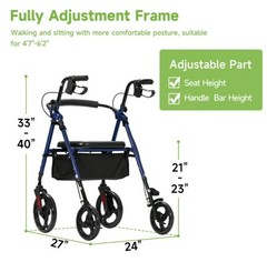 Rollator Walker For Seniors Mobility Aid W/ Seat Fully Adjustable 10″ Wheels