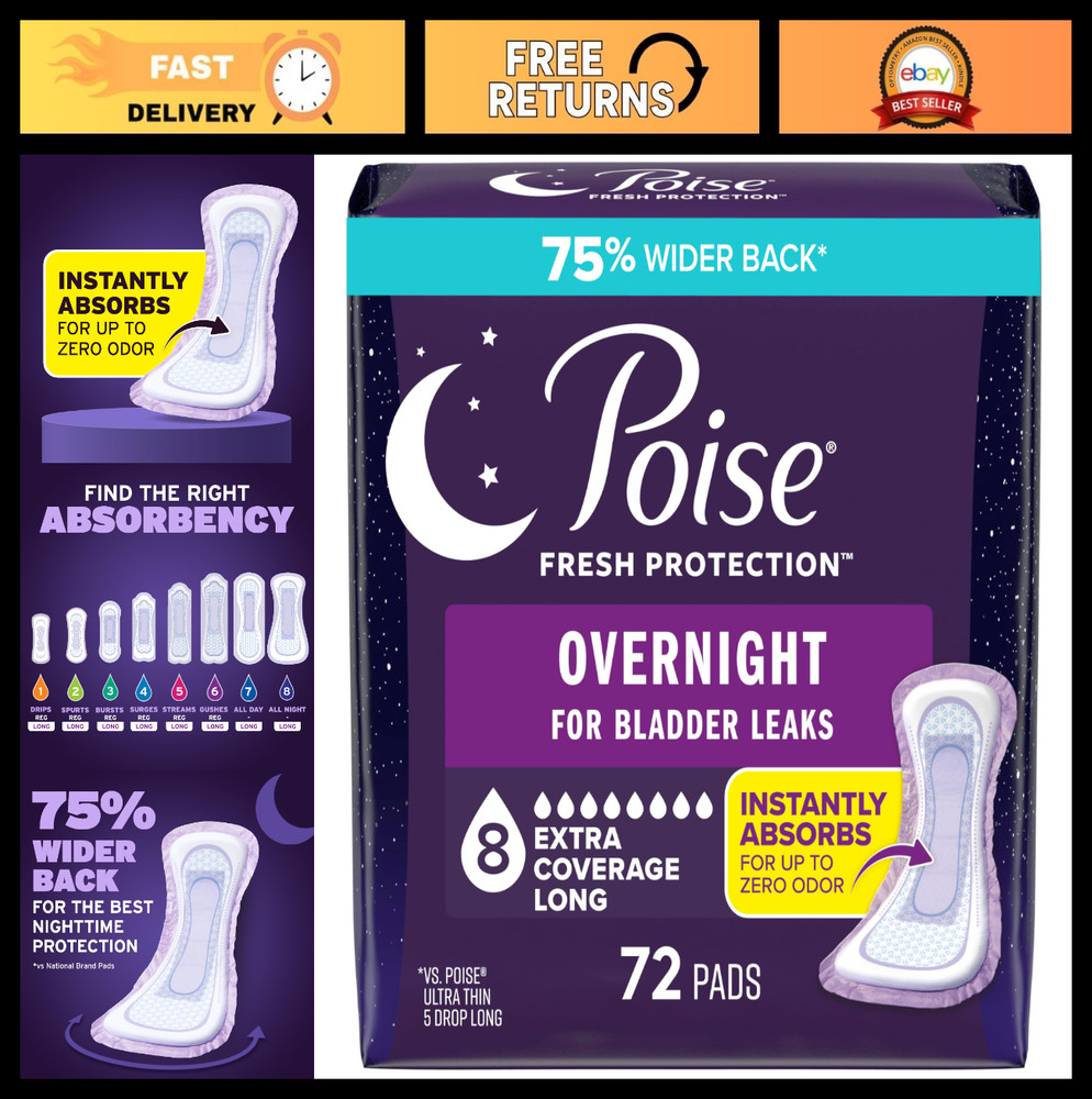 Overnight Incontinence & Postpartum Pads, Extra Coverage, 72 Count, 8 Drop Absor