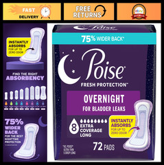 Overnight Incontinence & Postpartum Pads, Extra Coverage, 72 Count, 8 Drop Absor