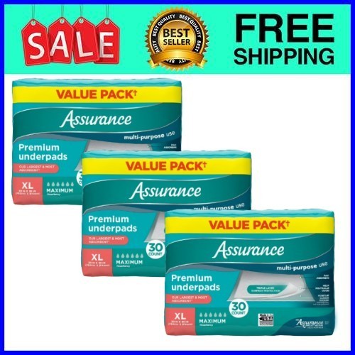 Assurance Premium Underpads XL Maximum Absorbency 30 Ct 3-Pack Fast Ship USA