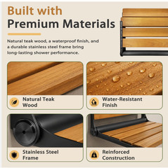Folding Shower Seat Teak Wood Wall Mount – Black Stainless Steel – 18 inch