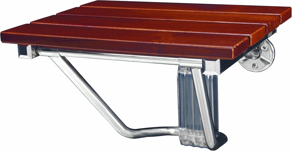 Natural Dark Teak Wood Folding Shower Seat with Chrome Accents – 15″ x 12.875