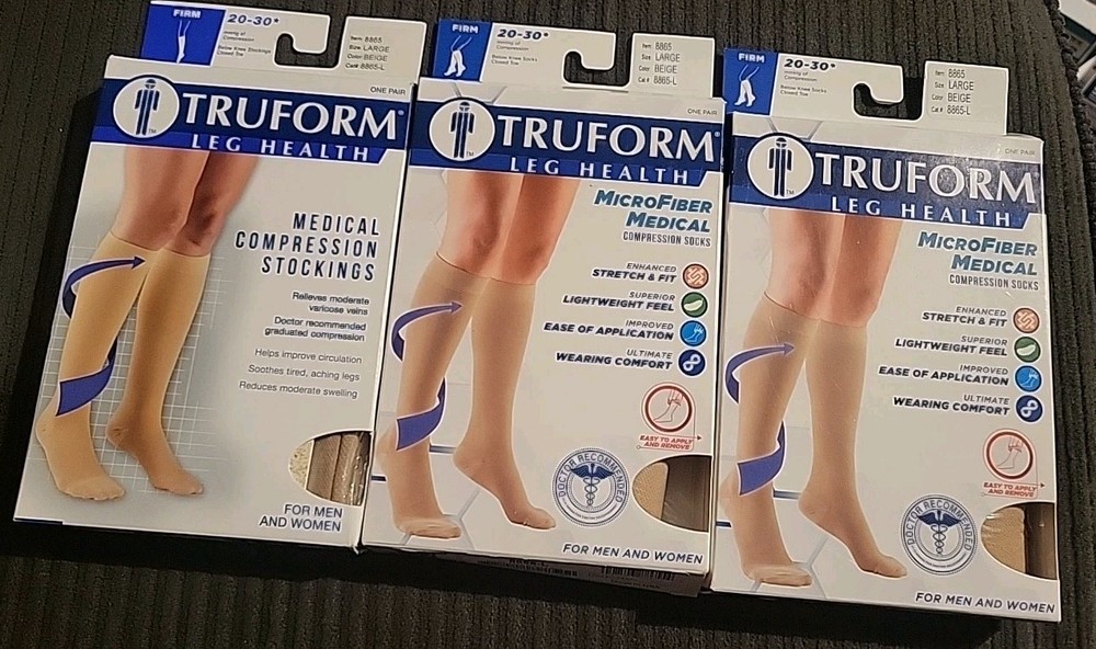 (3) Truform Leg Health MicroFiber Medical Compression Socks- Large Beige