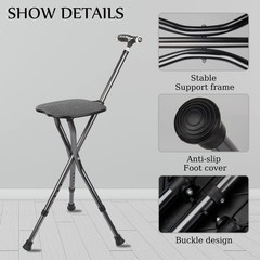 Folding Walking Cane with Seat – Adjustable Height, 440 lbs Capacity, Frosted Ha