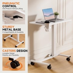 Adjustable Overbed Bedside Table with Lockable Wheels, Pneumatic Mobile Stand…