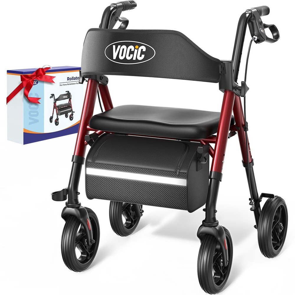 Ergonomic Rollator Walker with Seat, Supports 350lb, All-Terrain 8″ Wheels