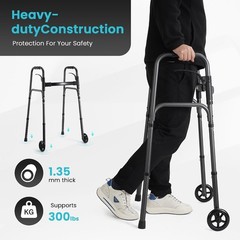 Careboda Portable Lightweight Folding Walker w 5″ Fixed Wheels Adjustable Height