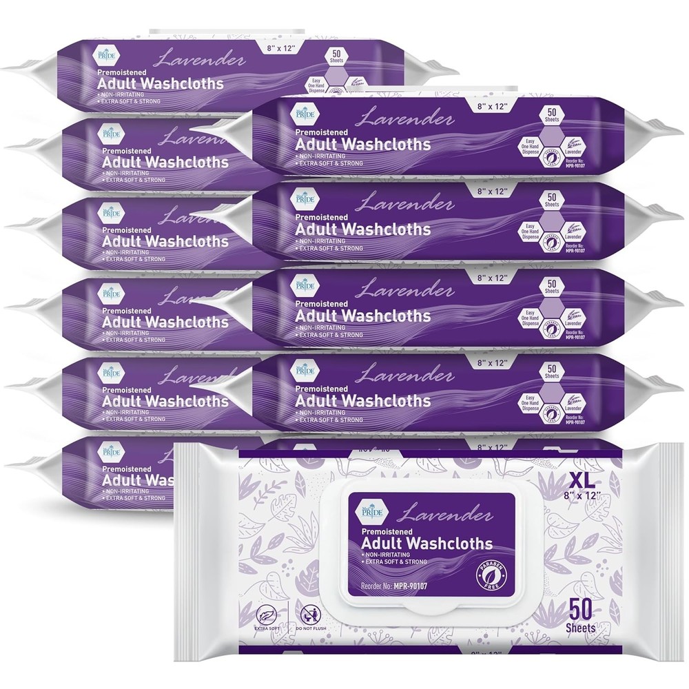 Med Pride Washcloths 600 Ct 8×12 | Lavender Scent Premoistened No-Rinse Wipes