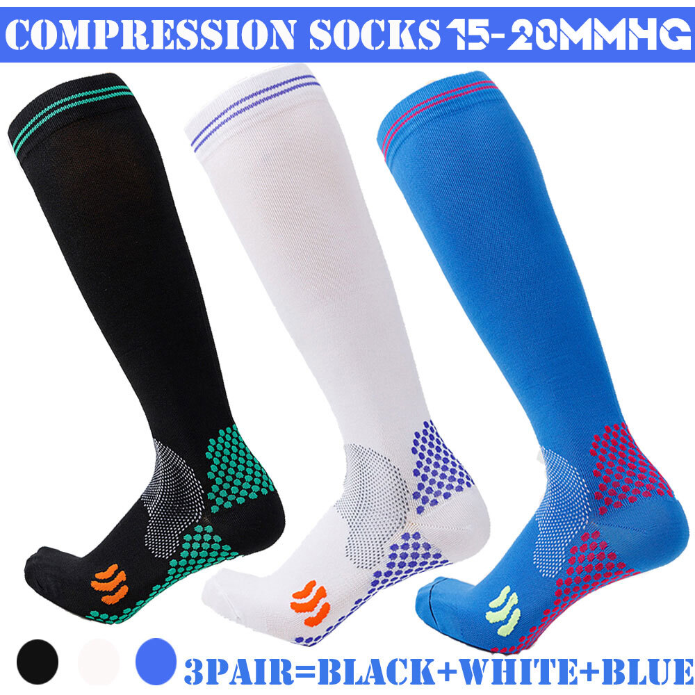 3Pair Compression Socks Men 15-20mmHg Circulation Support Socks Black Blue White