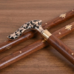 Luxury Floral Engraved Wooden Walking Cane Derby Handle Detachable Brass Stick