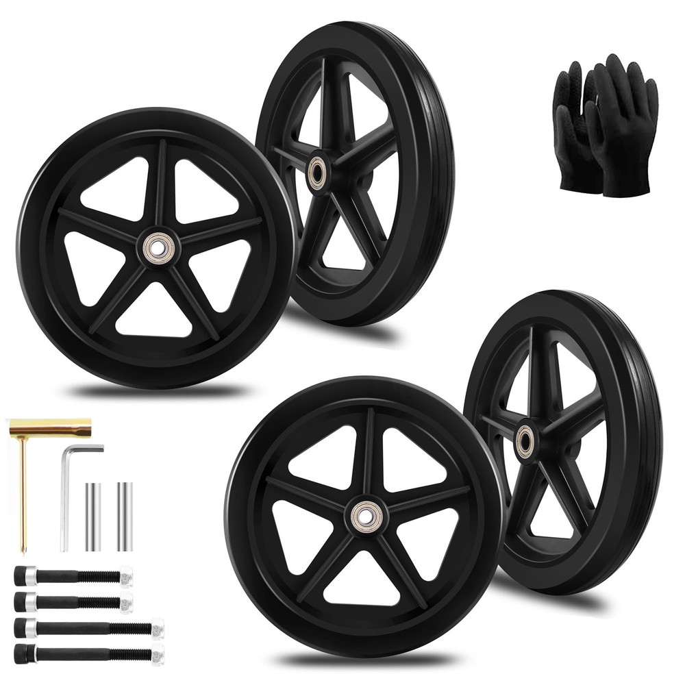 4Pcs 8 Inch Solid Replacement Wheels Rubber PU Tires Anti-Slip ABS Hub Install