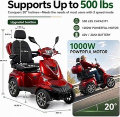 1000W Long Range Electric Mobility Scooter 4Wheel All Terrain For Seniors Adults