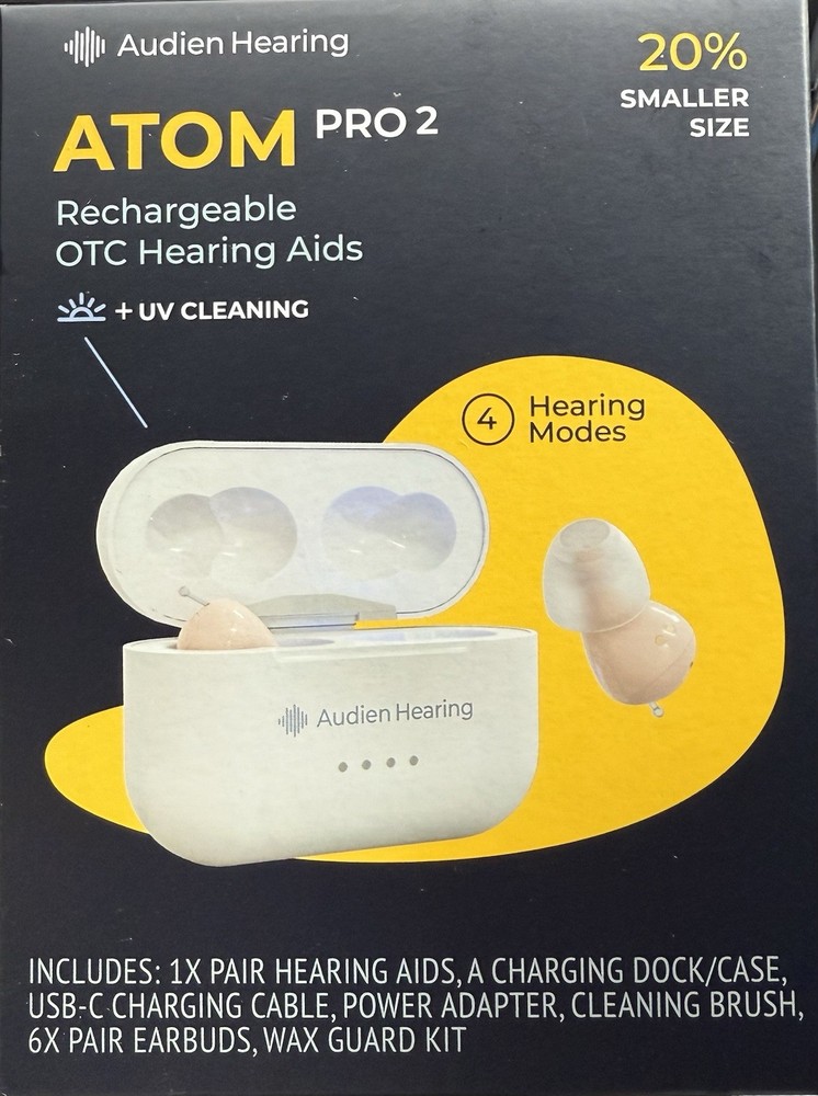 Audien Hearing Atom Pro 2 OTC Rechargeable Hearing Aids, Noise Cancelling