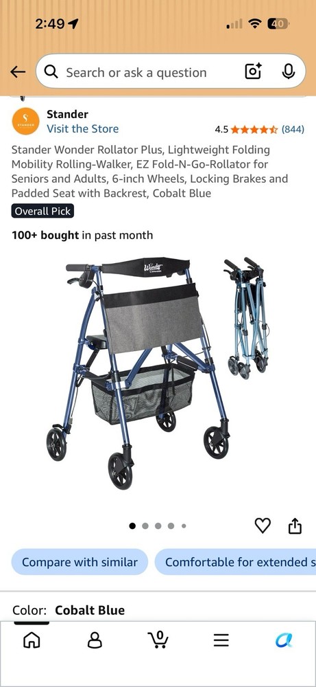 Stander Wonder Rollator Plus Lightweight Folding 4-Wheel Locking Brakes Seat