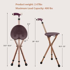 Adjustable Folding Cane with Seat Large Capacity Lightweight Crutch Chair Stool