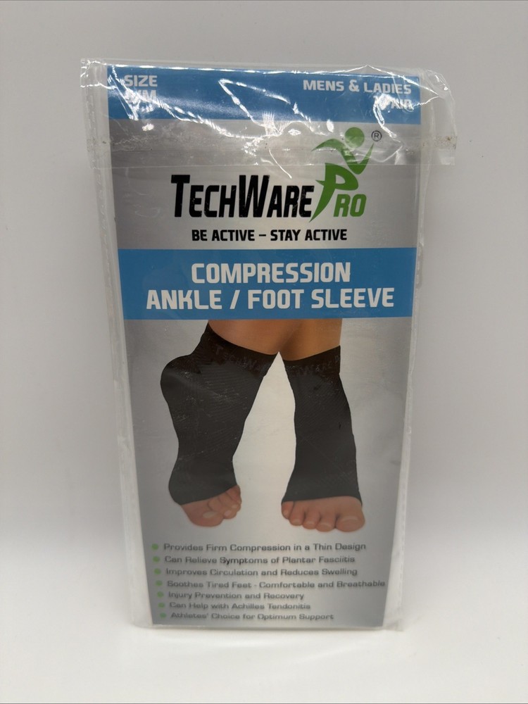 TechWare Pro Compression Ankle/Foot Sleeve Socks- Size S/M Unisex 1 Pair Black