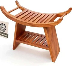 Share 23″ Teak Shower Bench with Curved Seat & Storage Shelf, Holds 500 LB