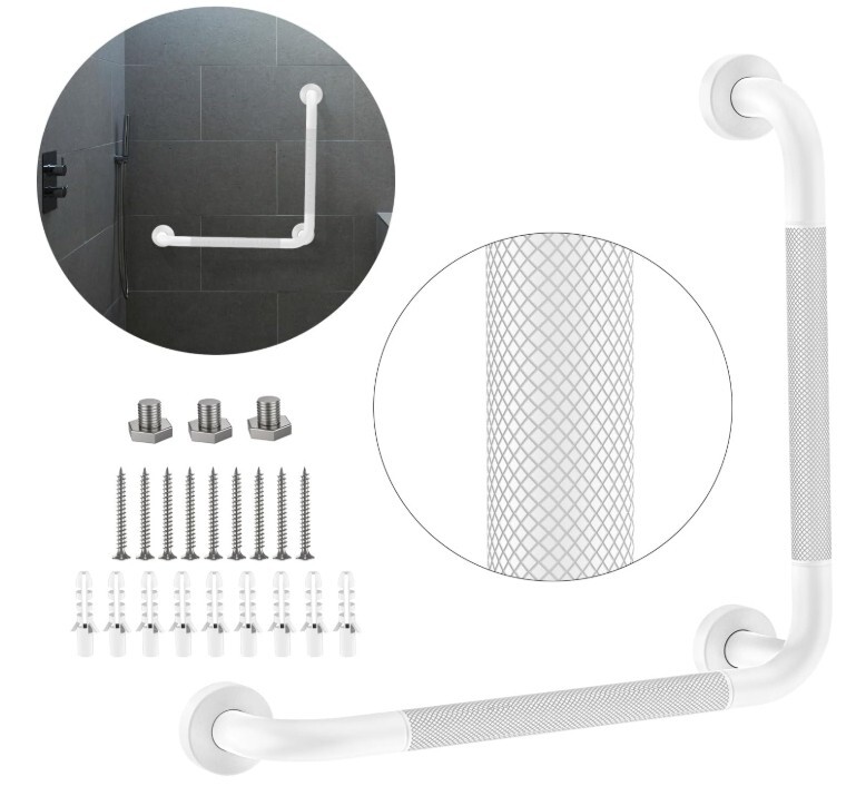 Angled Grab Bar – 16X16 Inch Stainless Steel Knurled Safety Handles – in White