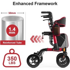 Foldable Rollator Walker 350 lb Capacity w/ 18″ Seat & 8″ Wheel Rolling Walker