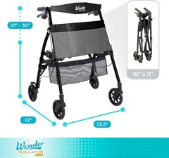 Stander Wonder Rollator Plus Short Folding Walker Seat Lightweight Black.