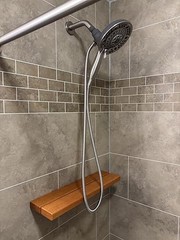 20″ Teak Folding Shower Seat; Wall Mounted; 400LB Capacity; Brushed Metal