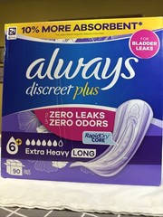 New Always Women’s Discreet Plus Incontinence Pads Extra Heavy Long 90 Ct